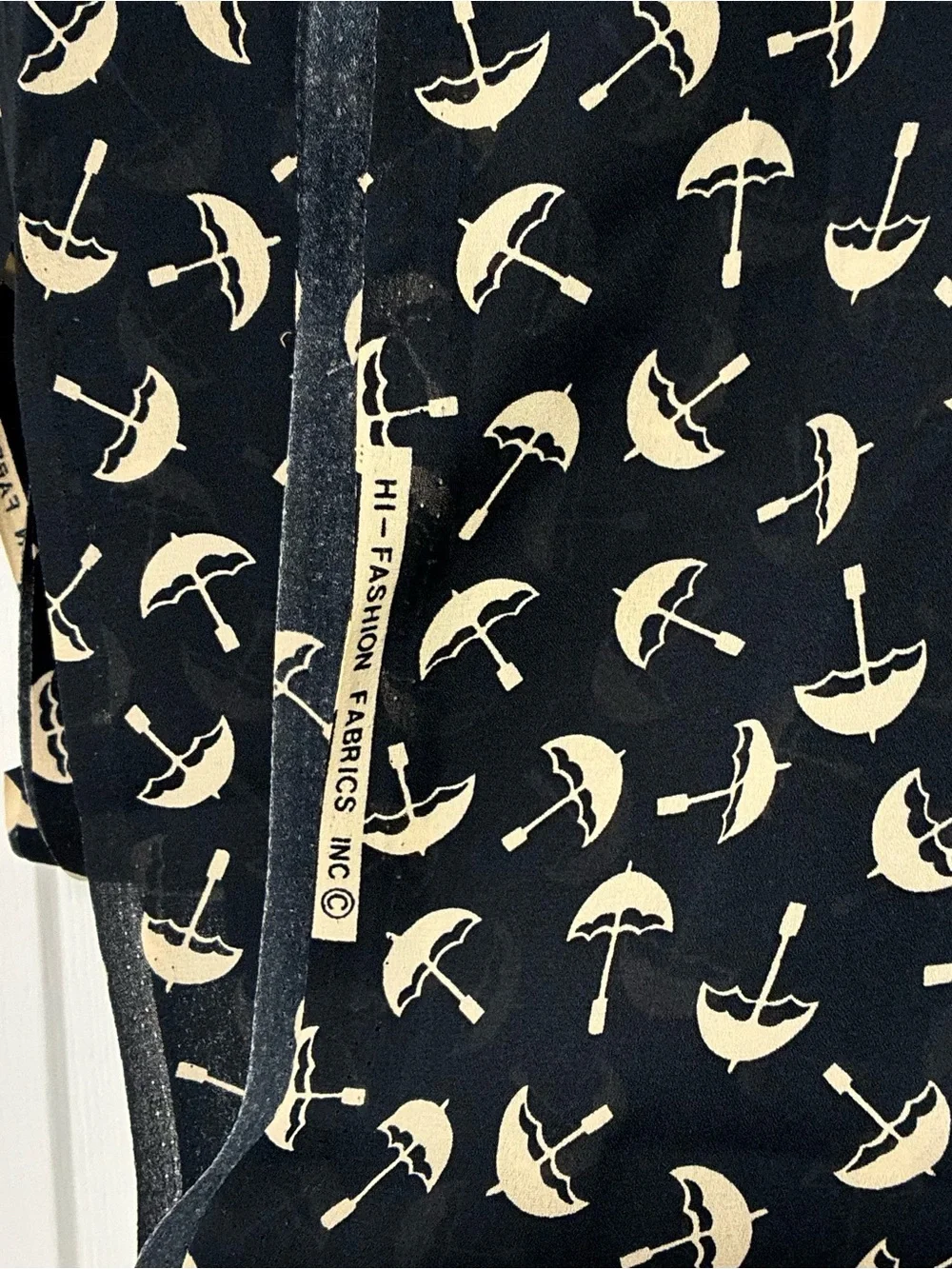 Vintage Fabric for Sewing, 1990's. Black  Print w/ Off White Parasols. 3+ Yards